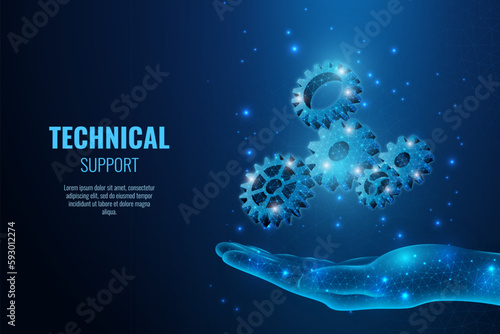 Gear engine. Technical wireframe hand. For digital support team. Futuristic polygonal technology. 3D software. Tech assistance background. Hologram cogwheels on arm. Vector abstract concept
