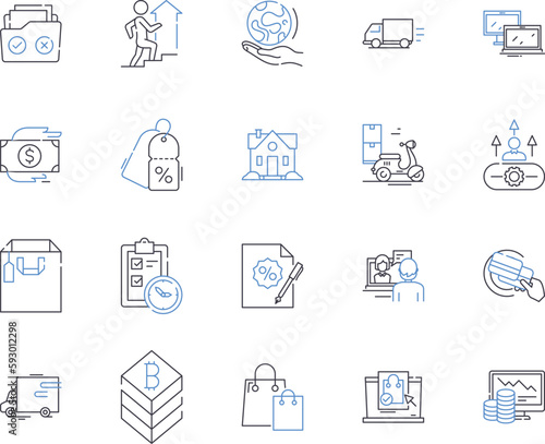 Trade and finace outline icons collection. Finance, Trading, Markets, Investment, Banking, Exchange, Funds vector and illustration concept set. Stocks, Bonds, Brokerage linear signs