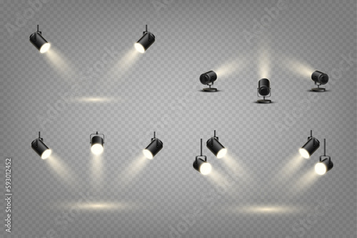 Spotlights set, stage and studio light, realistic hanging and standing lamps. Spot lights and searchlights for concert, projector bright rays, transparent 3d isolated element vector design