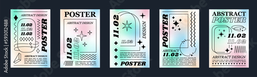 Y2k graphic posters. Abstract shape elements. Trendy figures and gradients. Retro and modern aesthetic flyers. Silhouette and line stars. Holographic banners set. Vector abstract design