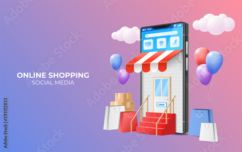 Online shopping. 3D store. Mobile application. Sale in social media shop. Digital phone service. Buy in smartphone app or website. Order box delivery. Purchase bags. Vector background