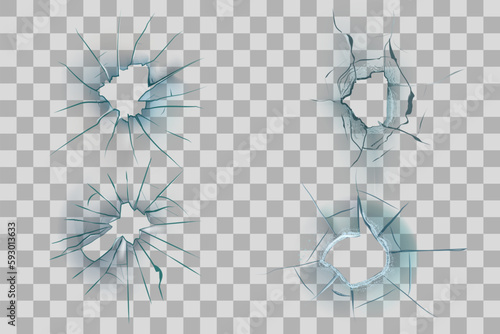 Broken glass. Break screen. Hole in pane with cracks. Window crash. Smash and shatter. Windscreen fragments. Transparent background. Damage surface effects set. Vector realistic texture