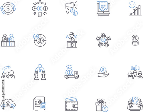 Bank outline icons collection. Loan, Savings, Mortgage, Investment, ATM, Credit, Banking vector and illustration concept set. Interest, Account, Debit linear signs