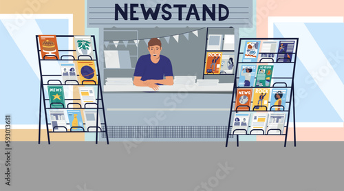 Small business. Newspapers and magazines trading. Salesman at street shop counter. Outdoor store showcase. Local urban kiosk. Vendor selling journals. Building facade. Vector illustration