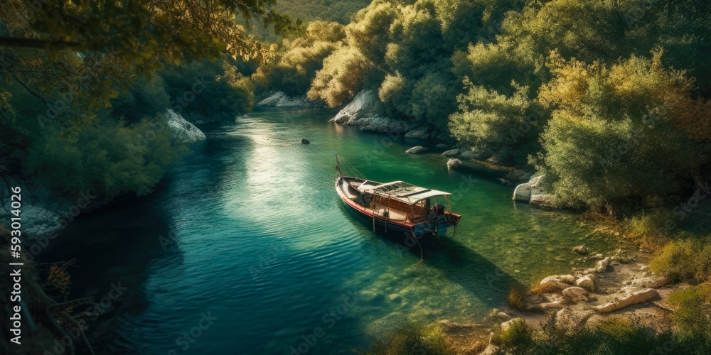 Fototapeta premium Boat moored in a cove with green forests all around aerial view, wallpaper, Generative Ai