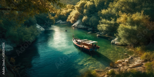 Boat moored in a cove with green forests all around aerial view, wallpaper, Generative Ai