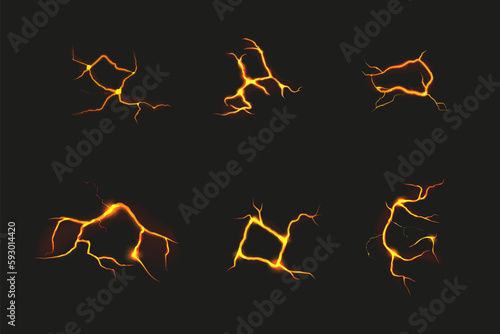 Earthquake crack with fire and lava. Rock texture with volcano ground effect. 3D hell glow. Isolated orange fissures. Magma light and burn. Destruction elements set. Vector background