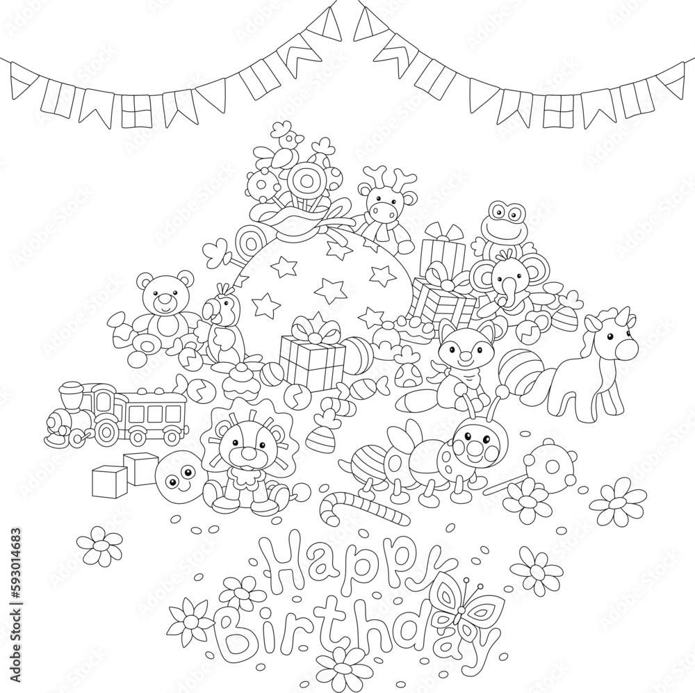 Happy birthday card with funny toys, holiday gifts and sweets, black and white outline vector cartoon illustration
