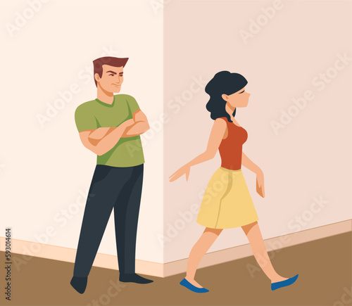 Couple relationship. Man and woman argue. Family conflict. People ignore each other. Communication misunderstanding. Wife and husband divorce. Disagreement crisis. Vector illustration