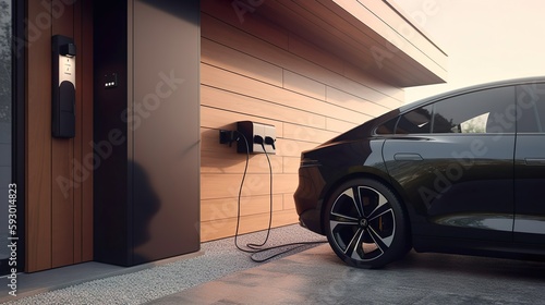 Modern electric car charging at a wallbox at home, generative AI photo