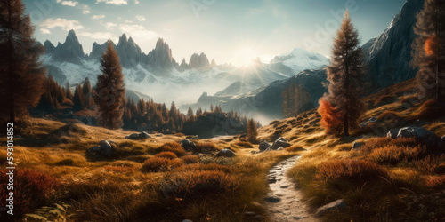 Dolomites landscape, fantastic mountains, wallpaper, Generative Ai © Landscape Planet