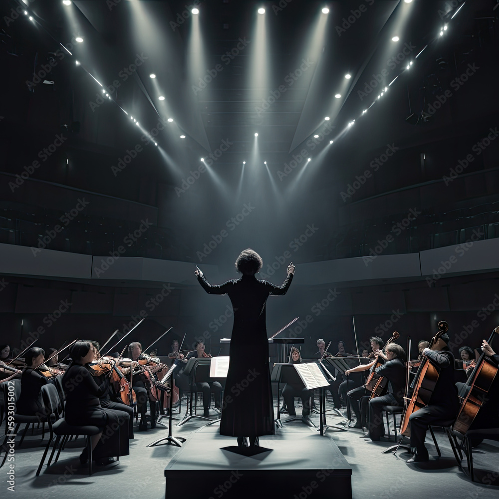 conductor and orchestra members in an empty concert hall with spotlights on the ceiling, lighting from stage lights behind. Dramatic Female Conductor Leading Modern Symphony Orchestra - Generative AI - obrazy, fototapety, plakaty 