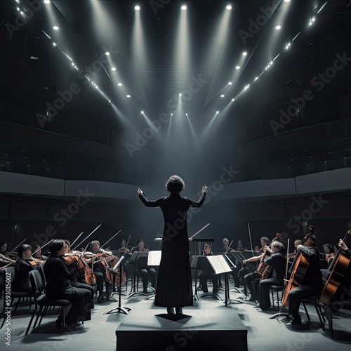 Fototapeta conductor and orchestra members in an empty concert hall with spotlights on the ceiling, lighting from stage lights behind