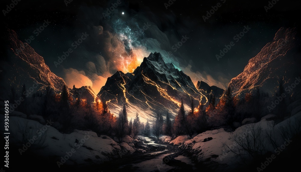 Mountain landscape at night wildfire behind the mountain  and starry sky with drawing styled design illustration