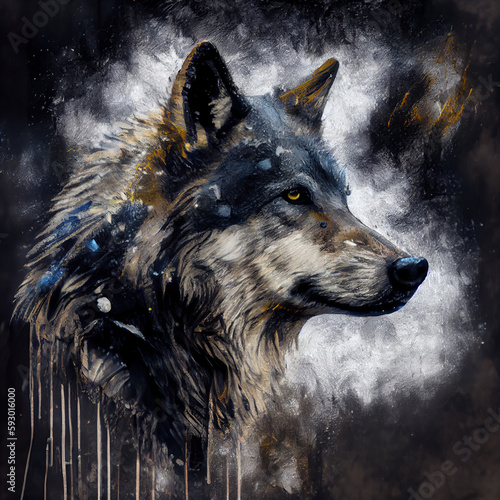 Painted portrait of a wolf. Generative AI