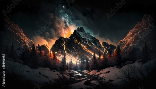 Mountain landscape at night wildfire behind the mountain and starry sky with drawing styled design illustration