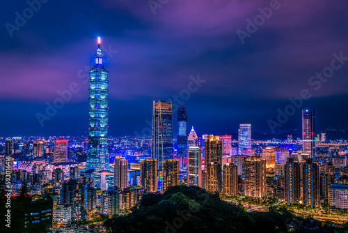 Nightscape Taipei city skyscraper skyline at twilight from Elephant mountain, Taiwan