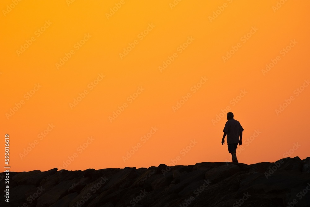 Silhouette of a person walking in Camargue, France, at sunrise