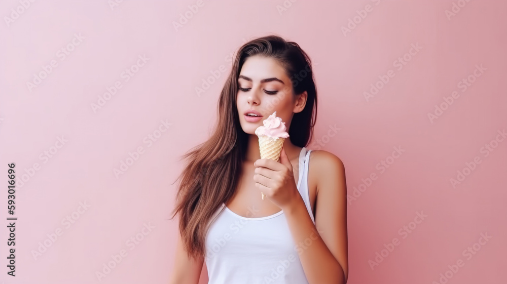 Young beautiful girl with ice cream cone. Woman in white dress eating ice cream on a pink background Young beautiful girl with ice cream cone. Woman in white dress eating ice cream on a pink background