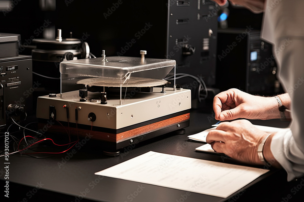 Obraz premium a person looking at a record on a table next to an old typewriter's turntable, with other equipment in the. Generative AI