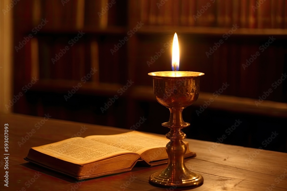 A candle is lit on an old oak table that has a holy book open on it. Generative AI A candle is lit on an old oak table that has a holy book open on it. Generative AI
