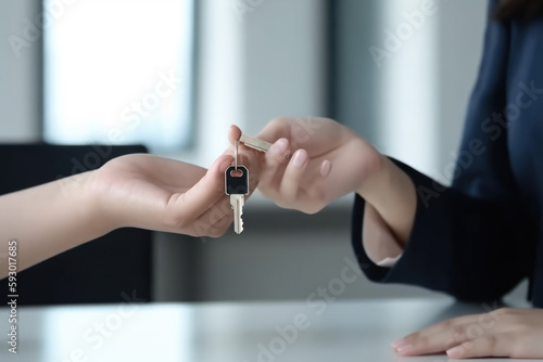 Young woman received house keys from real estate agent  new house  accommodation tenancy rental service concept