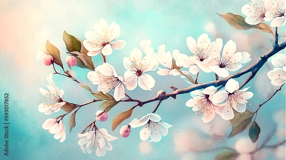 Floral spring background of cherry blossom flower in spring. Watercolor illustration. Generated AI . Floral spring background of cherry blossom flower in spring. Watercolor illustration. Generated AI .
