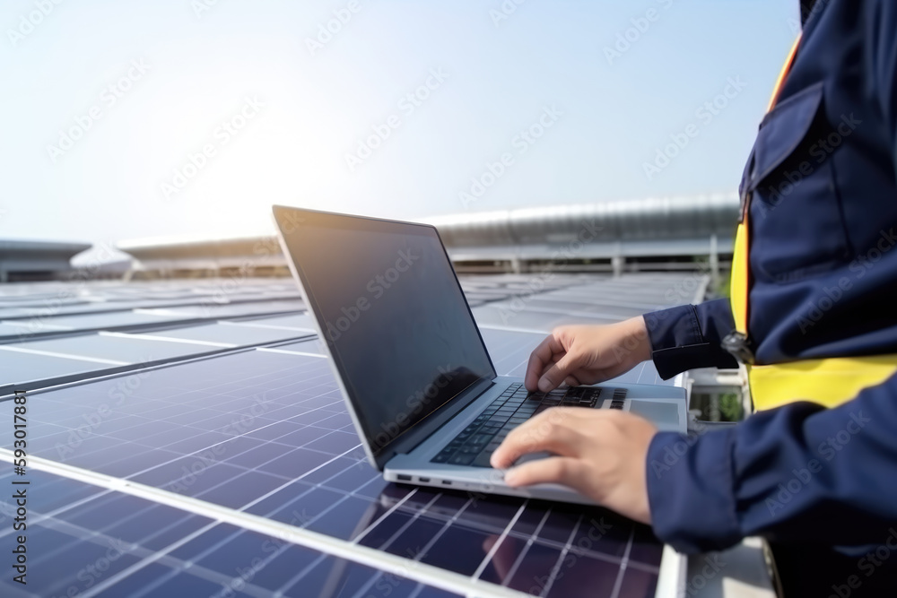 Hand of engineer using notebook on rooftop photovoltaic power station for analyze electric data