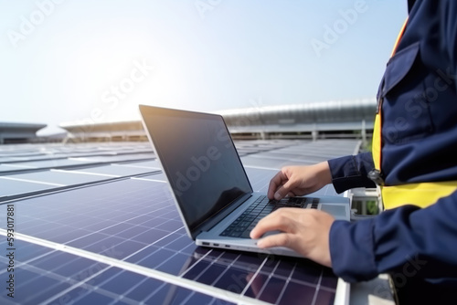 Obraz na płótnie Hand of engineer using notebook on rooftop photovoltaic power station for analyze electric data w salonie