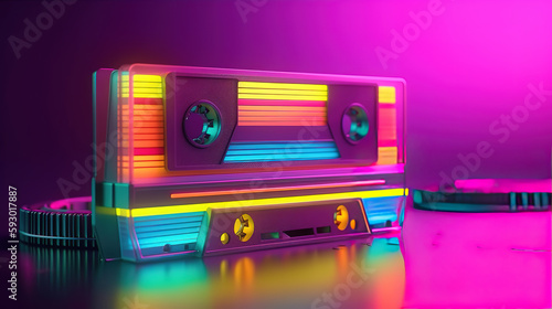 3d audio cassette with tape. Vintage audio cassette with retro music. Generative Ai