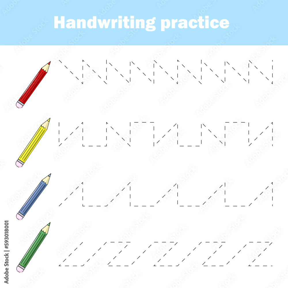 Handwriting practice sheet. Educational children game, printable worksheet for kids. Writing training printable worksheet.