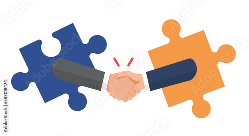 パズルと握手する手のフラットイラスト、マッチングのイメージ、ベクター