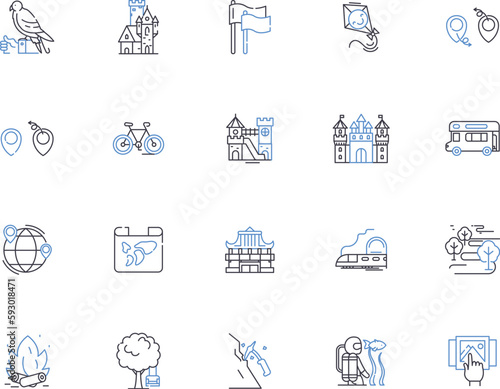 Hospitality company outline icons collection. Hotel, Inn, Lodge, Resort, B&B, Hostel, Boutique vector and illustration concept set. Vacation, Airbnb, Concierge linear signs