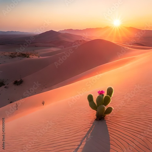 Cactus in desert landscape with magenta coloured flower, sand dunes, at sunset, orange sunlight, green cactus, generative AI © Linda