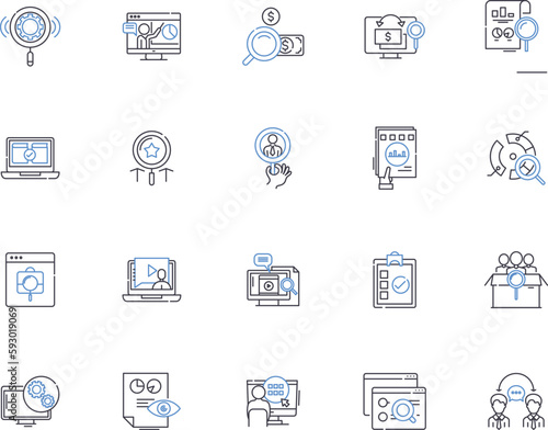 Research and development outline icons collection. Research, Development, Innovation, Adaptation, Experimentation, Advancement, Analysis vector and illustration concept set. Modification, Improvement