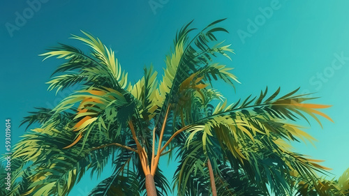 Tropical palm tree with green palm branches against a clear blue sky. Generative Ai © MdMaruf