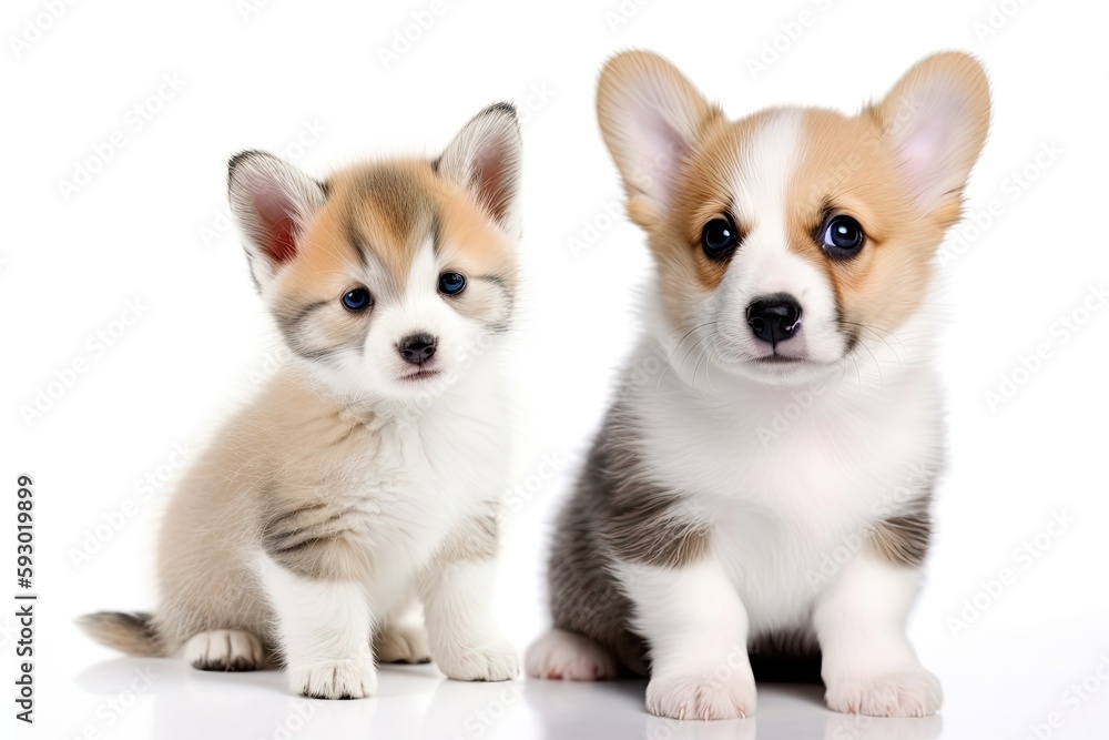 The little kitten is shown with a happy corgi dog. isolated in front of a white background. Generative AI The little kitten is shown with a happy corgi dog. isolated in front of a white background. Generative AI