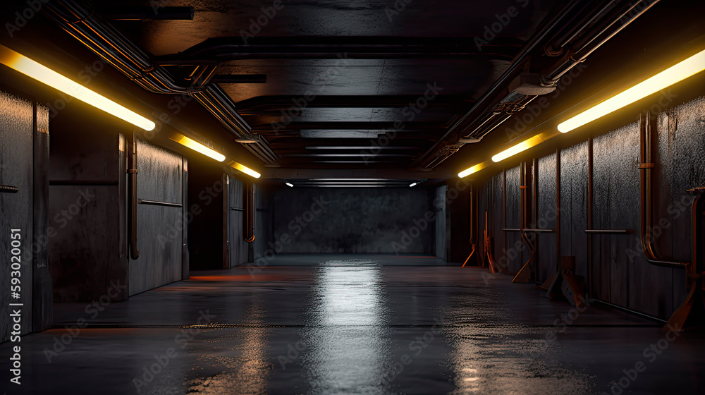 Futuristic studio stage dark room. Underground warehouse garage. Neon led laser glowing orange on concrete tiled floor