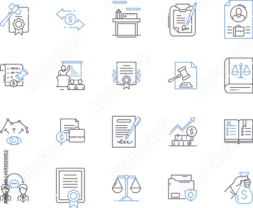 Law department outline icons collection. Law, Department, Judiciary, Regulation, Legislation, Litigation, Criminal vector and illustration concept set. Contract, Enforcement, Constitutional linear
