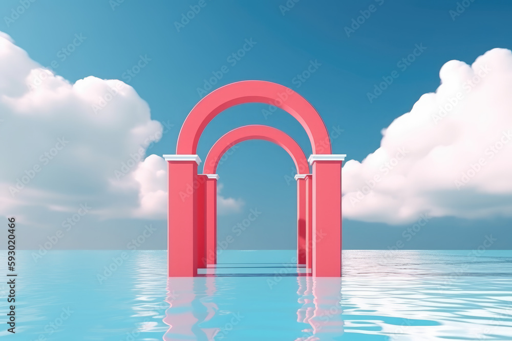 3d render, surreal seascape with red arches and white clouds in the blue sky. Modern minimal abstract background with simple geometric shapes and water