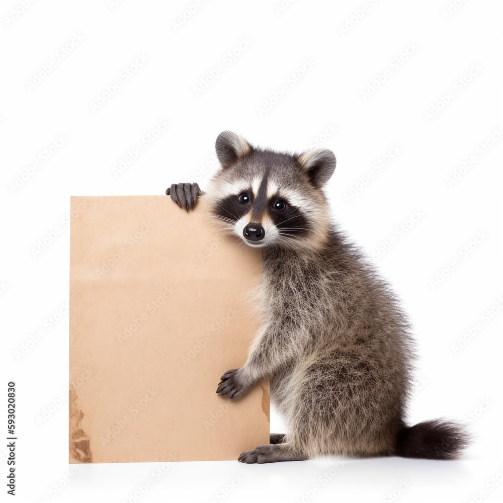 Cute cheerful raccoon cub with empty clean cardboard sign isolated on white background. AI generative image.