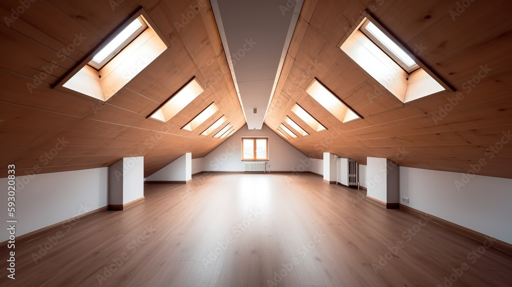 Illustration of spacious well lit attic room. Bright empty clean wooden interior with copy space. Indoor background. AI generative image. Illustration of spacious well lit attic room. Bright empty clean wooden interior with copy space. Indoor background. AI generative image.