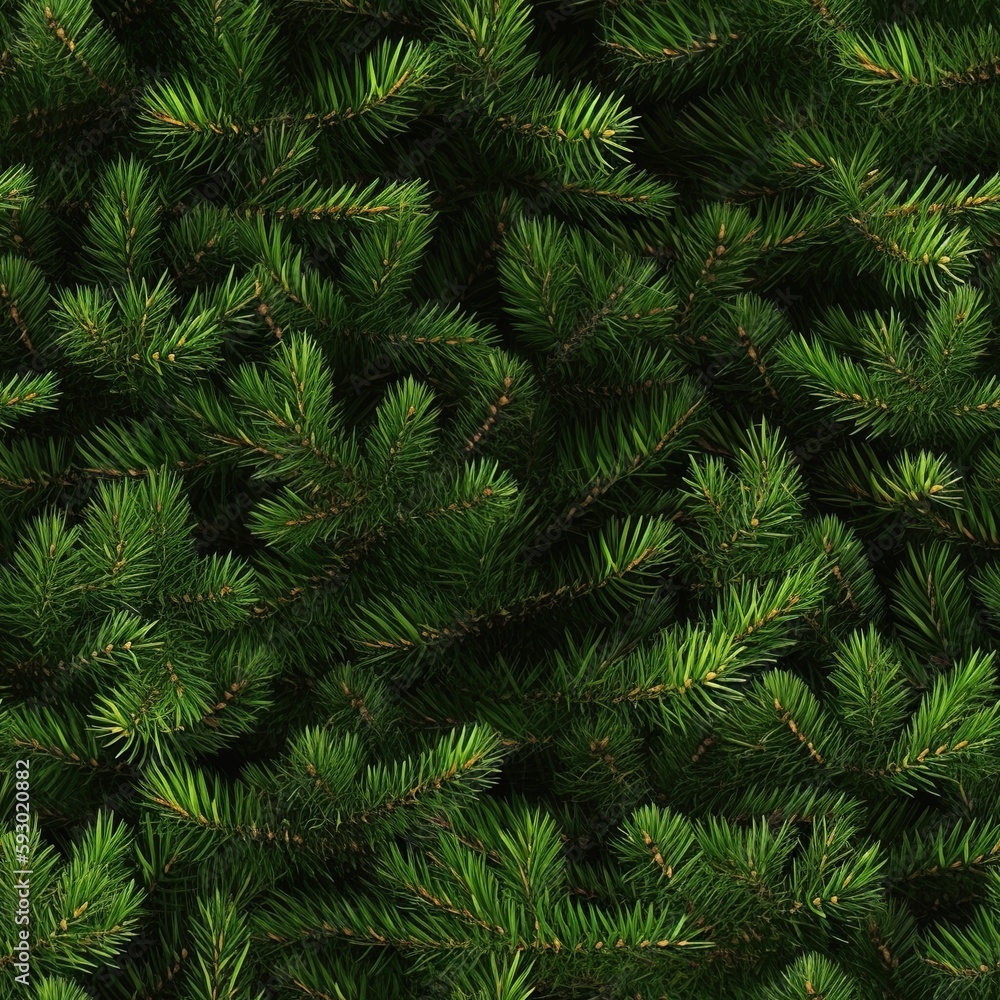 Beautiful seamless pattern with Christmas tree branches. Endless texture with evergreen coniferous trees. Nature forest background. AI generative image.