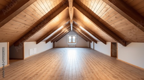 Illustration of spacious well lit attic room. Bright empty clean wooden interior with copy space. Indoor background. AI generative image.