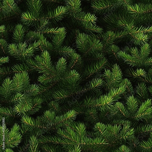 Beautiful seamless pattern with Christmas tree branches. Endless texture with evergreen coniferous trees. Nature forest background. AI generative image.