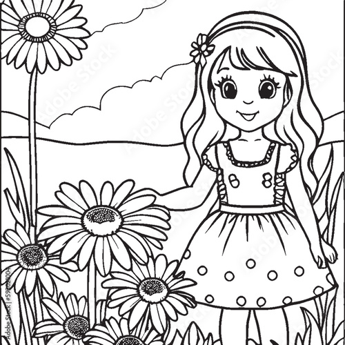 Coloring page girl and daisies on white background