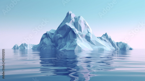 An abstract iceberg floating on a calm sea, most partly undersea, Front view with a cloudless sky in the background.