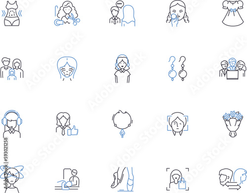 Girl outline icons collection. Girl, Female, Lady, Maiden, Daughter, Chick, Gal vector and illustration concept set. Lass, Miss, Mademoiselle linear signs