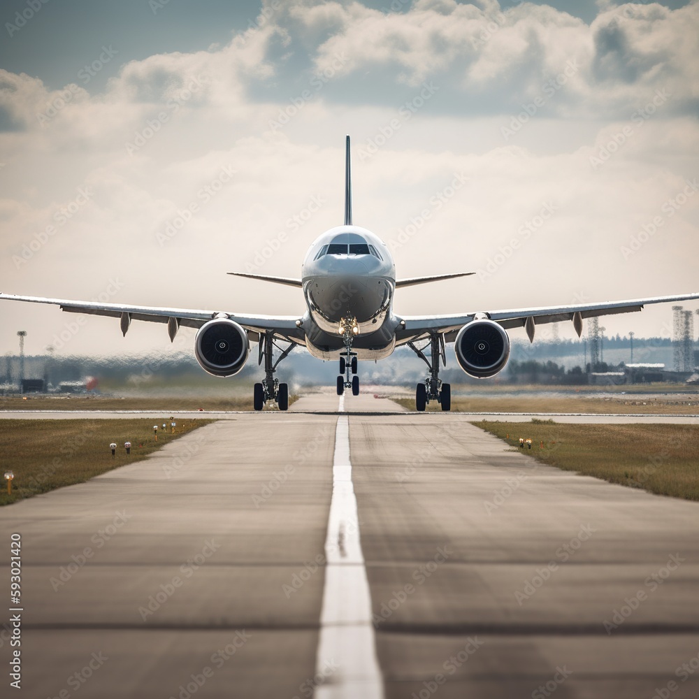 Airplane taking off from the airport, front view. generative ai Airplane taking off from the airport, front view. generative ai