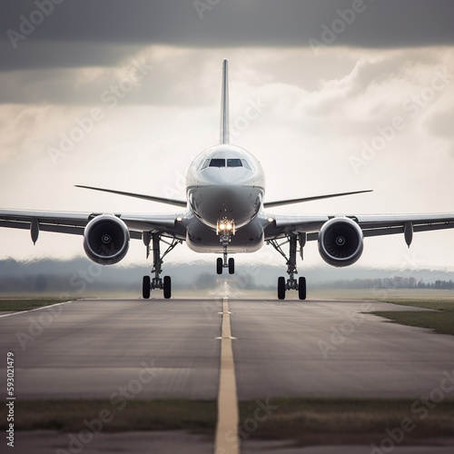 Front view of an airplane taking off from the airport